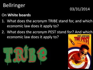 Bellringer
03/31/2014
On White boards
1. What does the acronym TRIBE stand for, and which
economic law does it apply to?
2. What does the acronym PEST stand for? And which
economic law does it apply to?
 