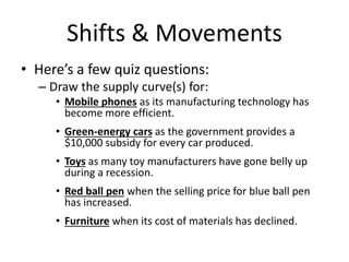 Shifts & Movements
• Here’s a few quiz questions:
– Draw the supply curve(s) for:
• Mobile phones as its manufacturing technology has
become more efficient.
• Green-energy cars as the government provides a
$10,000 subsidy for every car produced.
• Toys as many toy manufacturers have gone belly up
during a recession.
• Red ball pen when the selling price for blue ball pen
has increased.
• Furniture when its cost of materials has declined.
 