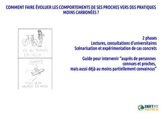 COMMENT FAIRE ÉVOLUER LES COMPORTEMENTS DE SES PROCHES VERS DES PRATIQUES
MOINS CARBONÉES ?
2 phases
Lectures, consultatio...