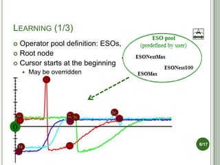 LEARNING (1/3)
 Operator pool definition: ESOs, CBOs
 Root node
 Cursor starts at the beginning
       May be overridden




                                         8/17
 
