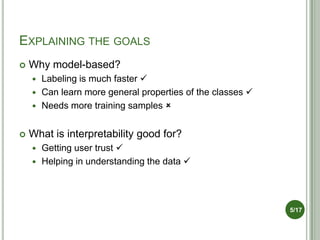EXPLAINING THE GOALS
   Why model-based?
     Labeling is much faster 
     Can learn more general properties of the classes 
     Needs more training samples 


   What is interpretability good for?
     Getting user trust 
     Helping in understanding the data 




                                                           5/17
 