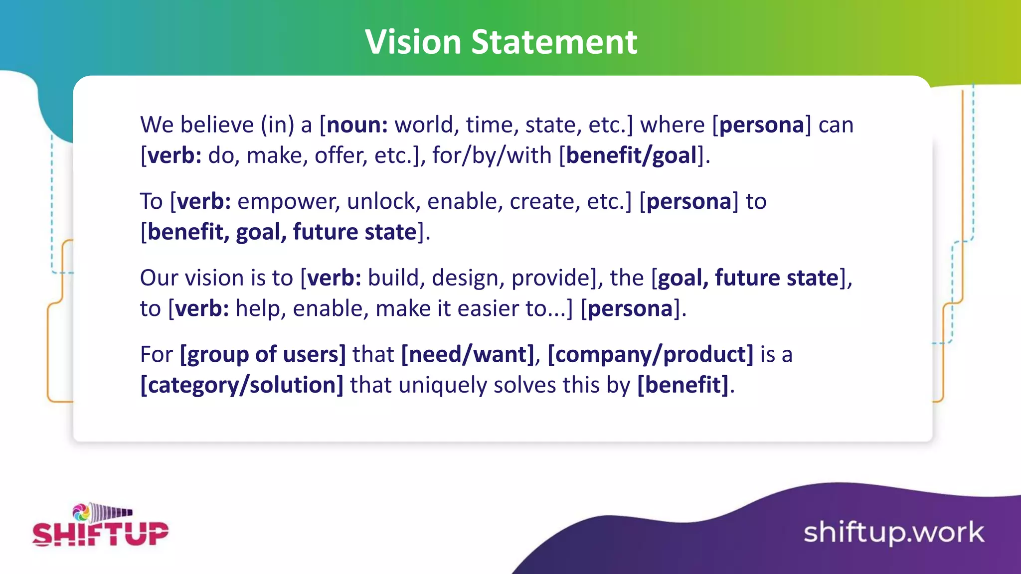 Vision Statement
We believe (in) a [noun: world, time, state, etc.] where [persona] can
[verb: do, make, offer, etc.], for/by/with [benefit/goal].
To [verb: empower, unlock, enable, create, etc.] [persona] to
[benefit, goal, future state].
Our vision is to [verb: build, design, provide], the [goal, future state],
to [verb: help, enable, make it easier to...] [persona].
For [group of users] that [need/want], [company/product] is a
[category/solution] that uniquely solves this by [benefit].
 