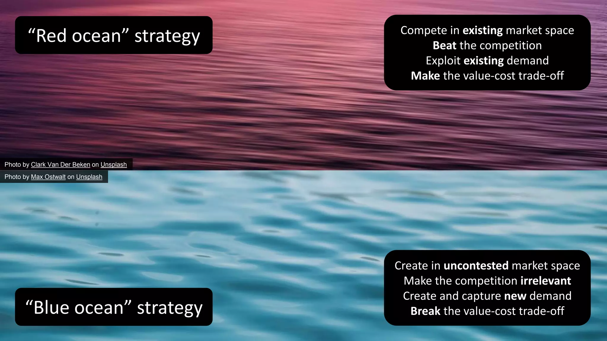 Photo by Clark Van Der Beken on Unsplash
Photo by Max Ostwalt on Unsplash
“Red ocean” strategy
“Blue ocean” strategy
Compete in existing market space
Beat the competition
Exploit existing demand
Make the value-cost trade-off
Create in uncontested market space
Make the competition irrelevant
Create and capture new demand
Break the value-cost trade-off
 