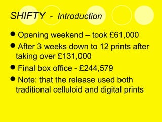 SHIFTY - Introduction
Opening weekend – took £61,000
After 3 weeks down to 12 prints after
taking over £131,000
Final box office - £244,579
Note: that the release used both
traditional celluloid and digital prints
 