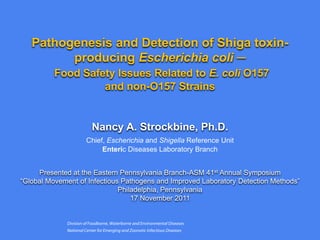 Pathogenesis and Detection of Shiga toxin-
         producing Escherichia coli ─
          Food Safety Issues Related to E. coli O157
                   and non-O157 Strains


                          Nancy A. Strockbine, Ph.D.
                       Chief, Escherichia and Shigella Reference Unit
                            Enteric Diseases Laboratory Branch


     Presented at the Eastern Pennsylvania Branch-ASM 41st Annual Symposium
“Global Movement of Infectious Pathogens and Improved Laboratory Detection Methods”
                              Philadelphia, Pennsylvania
                                  17 November 2011


             Division of Foodborne, Waterborne and Environmental Diseases
             National Center for Emerging and Zoonotic Infectious Diseases
 