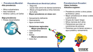 Prevalencia en Ecuador:
•Datos limitados
-Estudios sugieren:
• Prevalencia similar a otros países
de América Latina
• Mayor prevalencia en áreas rurales
y periurbanas
• Grupos de mayor riesgo:
• Niños menores de 5 años
• Poblaciones que viven en
condiciones de pobreza
• Personas que no tienen acceso a
agua potable y saneamiento
• Prevalencia Mundial:
-Alta prevalencia:
• África subsahariana
• Asia meridional
• América Latina y el Caribe
-Baja prevalencia:
• Países desarrollados
Prevalencia en América Latina:
• Segunda
causa más común de diarrea bacteriana
• Afecta principalmente a niños menores
de 5 años
• Mayor prevalencia en áreas con:
• Saneamiento deficiente
• Hacinamiento
• Agua contaminada
• Variaciones regionales:
-Mayor prevalencia:
• Centroamérica
• Haití
• Bolivia
-Menor prevalencia:
• Cono Sur
 