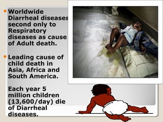 Worldwide
Diarrheal diseases
second only to
Respiratory
diseases as cause
of Adult death.
Leading cause of
child death in
Asia, Africa and
South America.
Each year 5
million children
(13,600/day) die
of Diarrheal
diseases.
 