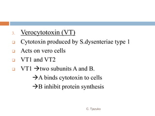 3. Verocytotoxin (VT)
 Cytotoxin produced by S.dysenteriae type 1
 Acts on vero cells
 VT1 and VT2
 VT1 two subunits A and B.
A binds cytotoxin to cells
B inhibit protein synthesis
C. Tjazuko
 