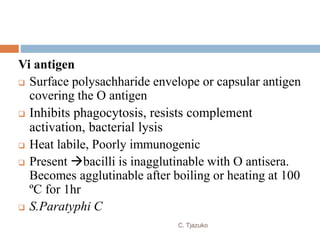 Vi antigen
 Surface polysachharide envelope or capsular antigen
covering the O antigen
 Inhibits phagocytosis, resists complement
activation, bacterial lysis
 Heat labile, Poorly immunogenic
 Present bacilli is inagglutinable with O antisera.
Becomes agglutinable after boiling or heating at 100
ºC for 1hr
 S.Paratyphi C
C. Tjazuko
 