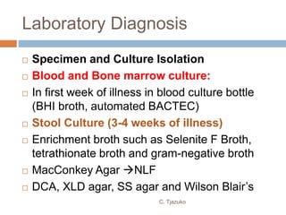 Laboratory Diagnosis
 Specimen and Culture Isolation
 Blood and Bone marrow culture:
 In first week of illness in blood culture bottle
(BHI broth, automated BACTEC)
 Stool Culture (3-4 weeks of illness)
 Enrichment broth such as Selenite F Broth,
tetrathionate broth and gram-negative broth
 MacConkey Agar NLF
 DCA, XLD agar, SS agar and Wilson Blair’s
C. Tjazuko
 