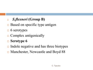 2. S.flexneri (Group B)
 Based on specific type antigen
 6 serotypes
 Complex antigenically
 Serotype 6
 Indole negative and has three biotypes
 Manchester, Newcastle and Boyd 88
C. Tjazuko
 