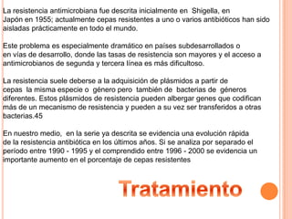 La resistencia antimicrobiana fue descrita inicialmente en  Shigella, enJapón en 1955; actualmente cepas resistentes a uno o varios antibióticos han sidoaisladas prácticamente en todo el mundo. Este problema es especialmente dramático en países subdesarrollados oen vías de desarrollo, donde las tasas de resistencia son mayores y el acceso aantimicrobianos de segunda y tercera línea es más dificultoso.La resistencia suele deberse a la adquisición de plásmidos a partir decepas  la misma especie o  género pero  también de  bacterias de  génerosdiferentes. Estos plásmidos de resistencia pueden albergar genes que codificanmás de un mecanismo de resistencia y pueden a su vez ser transferidos a otrasbacterias.45En nuestro medio,  en la serie ya descrita se evidencia una evolución rápidade la resistencia antibiótica en los últimos años. Si se analiza por separado elperíodo entre 1990 - 1995 y el comprendido entre 1996 - 2000 se evidencia unimportante aumento en el porcentaje de cepas resistentesTratamiento