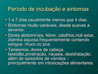 Período de incubação e sintomas 1 a 7 dias usualmente menos que 4 dias.  Sintomas muito variáveis, desde suaves a severos. Dores abdominais, febre, calafrios,mal estar, diarréia aquosa,frequentemente contendo sangue, muco ou pus.  Tenesmos, dores de cabeça, lassidão,prostração, náusea, desidratação, além de episódios de vômitos - principalmente em intoxicações alimentares.  
