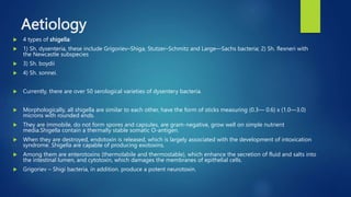 Aetiology
 4 types of shigella:
 1) Sh. dysenteria, these include Grigoriev–Shiga, Stutzer–Schmitz and Large—Sachs bacteria; 2) Sh. flexneri with
the Newcastle subspecies
 3) Sh. boydii
 4) Sh. sonnei.
 Currently, there are over 50 serological varieties of dysentery bacteria.
 Morphologically, all shigella are similar to each other, have the form of sticks measuring (0.3— 0.6) x (1.0—3.0)
microns with rounded ends.
 They are immobile, do not form spores and capsules, are gram-negative, grow well on simple nutrient
media.Shigella contain a thermally stable somatic O-antigen.
 When they are destroyed, endotoxin is released, which is largely associated with the development of intoxication
syndrome. Shigella are capable of producing exotoxins.
 Among them are enterotoxins (thermolabile and thermostable), which enhance the secretion of fluid and salts into
the intestinal lumen, and cytotoxin, which damages the membranes of epithelial cells.
 Grigoriev – Shigi bacteria, in addition. produce a potent neurotoxin.
 
