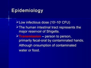 EpidemiologyEpidemiology
Low infectious dose (10Low infectious dose (1022
-10-1044
CFU)CFU)
The human intestinal tract represents theThe human intestinal tract represents the
major reservoir of Shigella.major reservoir of Shigella.
TransmissionTransmission –– person to person,person to person,
primarily fecal-oral by contaminated hands.primarily fecal-oral by contaminated hands.
Although onsumption of contaminatedAlthough onsumption of contaminated
water or food.water or food.
 
