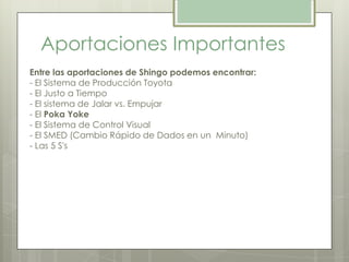 Aportaciones Importantes
Entre las aportaciones de Shingo podemos encontrar:
- El Sistema de Producción Toyota
- El Justo a Tiempo
- El sistema de Jalar vs. Empujar
- El Poka Yoke
- El Sistema de Control Visual
- El SMED (Cambio Rápido de Dados en un Minuto)
- Las 5 S's
 