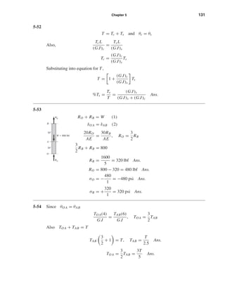 Chapter 5 131
5-52
T = Tc + Ts and θc = θs
Also,
TcL
(G J)c
=
Ts L
(G J)s
Tc =
(G J)c
(G J)s
Ts
Substituting into equation for T ,
T = 1 +
(G J)c
(G J)s
Ts
%Ts =
Ts
T
=
(G J)s
(G J)s + (G J)c
Ans.
5-53
RO + RB = W (1)
δO A = δAB (2)
20RO
AE
=
30RB
AE
, RO =
3
2
RB
3
2
RB + RB = 800
RB =
1600
5
= 320 lbf Ans.
RO = 800 − 320 = 480 lbf Ans.
σO = −
480
1
= −480 psi Ans.
σB = +
320
1
= 320 psi Ans.
5-54 Since θO A = θAB
TO A(4)
G J
=
TAB(6)
G J
, TO A =
3
2
TAB
Also TO A + TAB = T
TAB
3
2
+ 1 = T, TAB =
T
2.5
Ans.
TO A =
3
2
TAB =
3T
5
Ans.
RB
W ϭ 800 lbf
30"
20"
RO
A
B
O
shi20396_ch05.qxd 8/18/03 10:59 AM Page 131
 