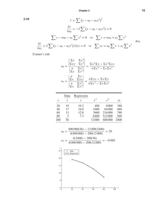 Chapter 2 15
2-10 E = y − a0 − a2x2 2
∂E
∂a0
= −2 y − a0 − a2x2
= 0
y − na0 − a2 x2
= 0 ⇒ y = na0 + a2 x2
∂E
∂a2
= 2 y − a0 − a2x2
(2x) = 0 ⇒ xy = a0 x + a2 x3
Ans.
Cramer’s rule
a0 =
y x2
xy x3
n x2
x x3
=
x3
y − x2
xy
n x3 − x x2
a2 =
n y
x xy
n x2
x x3
=
n xy − x y
n x3 − x x2
a0 =
800 000(56) − 12 000(2400)
4(800 000) − 200(12 000)
= 20
a2 =
4(2400) − 200(56)
4(800 000) − 200(12 000)
= −0.002
Data
Regression
0
5
10
15
y
x
20
25
0 20 40 60 80 100
Data Regression
x y y x2
x3
xy
20 19 19.2 400 8000 380
40 17 16.8 1600 64000 680
60 13 12.8 3600 216000 780
80 7 7.2 6400 512000 560
200 56 12000 800000 2400
shi20396_ch02.qxd 7/21/03 3:28 PM Page 15
 