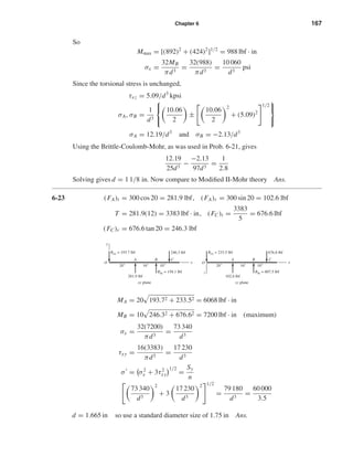 Chapter 6 167
So
Mmax = [(892)2
+ (424)2
]1/2
= 988 lbf · in
σx =
32MB
πd3
=
32(988)
πd3
=
10 060
d3
psi
Since the torsional stress is unchanged,
τxz = 5.09/d3
kpsi
σA, σB =
1
d3



10.06
2
±
10.06
2
2
+ (5.09)2
1/2



σA = 12.19/d3
and σB = −2.13/d3
Using the Brittle-Coulomb-Mohr, as was used in Prob. 6-21, gives
12.19
25d3
−
−2.13
97d3
=
1
2.8
Solving gives d = 1 1/8 in. Now compare to Modiﬁed II-Mohr theory Ans.
6-23 (FA)t = 300 cos 20 = 281.9 lbf, (FA)r = 300 sin 20 = 102.6 lbf
T = 281.9(12) = 3383 lbf · in, (FC)t =
3383
5
= 676.6 lbf
(FC)r = 676.6 tan 20 = 246.3 lbf
MA = 20 193.72 + 233.52 = 6068 lbf · in
MB = 10 246.32 + 676.62 = 7200 lbf · in (maximum)
σx =
32(7200)
πd3
=
73 340
d3
τxy =
16(3383)
πd3
=
17 230
d3
σ = σ2
x + 3τ2
xy
1/2
=
Sy
n
73 340
d3
2
+ 3
17 230
d3
2 1/2
=
79 180
d3
=
60 000
3.5
d = 1.665 in so use a standard diameter size of 1.75 in Ans.
xy plane
x
y
A B C
ROy = 193.7 lbf
RBy = 158.1 lbf
281.9 lbf
20" 16" 10"
246.3 lbf
O
xz plane
x
z
A B C
ROz = 233.5 lbf
RBz = 807.5 lbf
O
102.6 lbf
20" 16" 10"
676.6 lbf
shi20396_ch06.qxd 8/18/03 12:22 PM Page 167
 