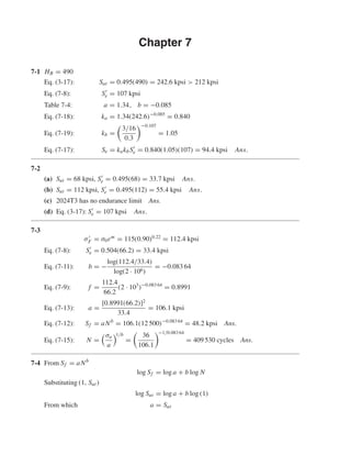 Chapter 7
7-1 HB = 490
Eq. (3-17): Sut = 0.495(490) = 242.6 kpsi > 212 kpsi
Eq. (7-8): Se = 107 kpsi
Table 7-4: a = 1.34, b = −0.085
Eq. (7-18): ka = 1.34(242.6)−0.085
= 0.840
Eq. (7-19): kb =
3/16
0.3
−0.107
= 1.05
Eq. (7-17): Se = kakbSe = 0.840(1.05)(107) = 94.4 kpsi Ans.
7-2
(a) Sut = 68 kpsi, Se = 0.495(68) = 33.7 kpsi Ans.
(b) Sut = 112 kpsi, Se = 0.495(112) = 55.4 kpsi Ans.
(c) 2024T3 has no endurance limit Ans.
(d) Eq. (3-17): Se = 107 kpsi Ans.
7-3
σF = σ0εm = 115(0.90)0.22
= 112.4 kpsi
Eq. (7-8): Se = 0.504(66.2) = 33.4 kpsi
Eq. (7-11): b = −
log(112.4/33.4)
log(2 · 106)
= −0.083 64
Eq. (7-9): f =
112.4
66.2
(2 · 103
)−0.083 64
= 0.8991
Eq. (7-13): a =
[0.8991(66.2)]2
33.4
= 106.1 kpsi
Eq. (7-12): Sf = aNb
= 106.1(12 500)−0.083 64
= 48.2 kpsi Ans.
Eq. (7-15): N =
σa
a
1/b
=
36
106.1
−1/0.083 64
= 409 530 cycles Ans.
7-4 From Sf = aNb
log Sf = log a + b log N
Substituting (1, Sut)
log Sut = log a + b log (1)
From which a = Sut
shi20396_ch07.qxd 8/18/03 12:35 PM Page 180
 