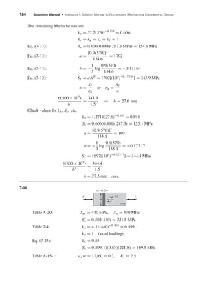 184 Solutions Manual • Instructor’s Solution Manual to Accompany Mechanical Engineering Design
The remaining Marin factors are
ka = 57.7(570)−0.718
= 0.606
kc = kd = ke = kf = 1
Eq. (7-17): Se = 0.606(0.888)(287.3 MPa) = 154.6 MPa
Eq. (7-13): a =
[0.9(570)]2
154.6
= 1702
Eq. (7-14): b = −
1
3
log
0.9(570)
154.6
= −0.173 64
Eq. (7-12): Sf = aNb
= 1702[(104
)−0.173 64
] = 343.9 MPa
n =
Sf
σa
or σa =
Sf
n
6(800 × 103
)
b3
=
343.9
1.5
⇒ b = 27.6 mm
Check values for kb, Se, etc.
kb = 1.2714(27.6)−0.107
= 0.891
Se = 0.606(0.891)(287.3) = 155.1 MPa
a =
[0.9(570)]2
155.1
= 1697
b = −
1
3
log
0.9(570)
155.1
= −0.173 17
Sf = 1697[(104
)−0.173 17
] = 344.4 MPa
6(800 × 103
)
b3
=
344.4
1.5
b = 27.5 mm Ans.
7-10
Table A-20: Sut = 440 MPa, Sy = 370 MPa
Se = 0.504(440) = 221.8 MPa
Table 7-4: ka = 4.51(440)−0.265
= 0.899
kb = 1 (axial loading)
Eq. (7-25): kc = 0.85
Se = 0.899(1)(0.85)(221.8) = 169.5 MPa
Table A-15-1: d/w = 12/60 = 0.2, Kt = 2.5
12Fa Fa
10
60
1018
shi20396_ch07.qxd 8/18/03 12:35 PM Page 184
 