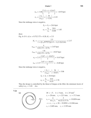 Chapter 7 195
σm = 1.86
3.2 + (−12.8)
2
= −8.93 kpsi
ny =
Sy
σmin
=
54
−12.8
= 4.22
Since the midrange stress is negative,
Sa = Se = 24.6 kpsi
nf =
Sa
σa
=
24.6
14.88
= 1.65
Hole:
Fig. A-15-1: d/w = 0.75/3.75 = 0.20, Kt = 2.5
Kf =
2.5
1 + 2/
√
0.75/2 [(2.5 − 1)/2.5](5/64)
= 2.17
σmax =
4
0.5(3.75 − 0.75)
= 2.67 kpsi
σmin =
−16
0.5(3.75 − 0.75)
= −10.67 kpsi
σa = 2.17
2.67 − (−10.67)
2
= 14.47 kpsi
σm = 2.17
2.67 + (−10.67)
2
= −8.68 kpsi
Since the midrange stress is negative,
ny =
Sy
σmin
=
54
−10.67
= 5.06
Sa = Se = 24.6 kpsi
nf =
Sa
σa
=
24.6
14.47
= 1.70
Thus the design is controlled by the threat of fatigue at the ﬁllet; the minimum factor of
safety is nf = 1.65. Ans.
7-24
(a) M = −T , h = 5 mm, A = 25 mm2
rc = 20 mm, ro = 22.5 mm, ri = 17.5 mm
rn =
h
lnro/ri
=
5
ln (22.5/17.5)
= 19.8954 mm
e = rc − rn = 20 − 19.8954 = 0.1046 mm
co = 2.605 mm, ci = 2.395 mm
T T
shi20396_ch07.qxd 8/18/03 12:35 PM Page 195
 