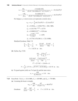 196 Solutions Manual • Instructor’s Solution Manual to Accompany Mechanical Engineering Design
σi =
Mci
Aeri
=
−T(0.002 395)
25(10−6)(0.1046)(10−3)(17.5)(10−3)
= −52.34(106
)T
σo =
−Mco
Aero
=
T(2.605)(10−3
)
25(10−6)(0.1046)(10−3)(22.5)(10−3)
= 44.27(106
)T
For fatigue, σo is most severe as it represents a tensile stress.
σm = σa =
1
2
(44.27)(106
)T = 22.14(106
)T
Se = 0.504Sut = 0.504(770) = 388.1 MPa
ka = 4.51(770)−0.265
= 0.775
de = 0.808[5(5)]1/2
= 4.04 mm
kb =
4.04
7.62
−0.107
= 1.070
Se = 0.775(1.07)(388.1) = 321.8 MPa
Modiﬁed Goodman, Table 7-9
σa
Se
+
σm
Sut
=
1
nf
⇒
22.14T
321.8
+
22.14T
770
=
1
3
T = 3.42 N · m Ans.
(b) Gerber, Eq. (7-50)
nσa
Se
+
nσm
Sut
2
= 1
3(22.14)T
321.8
+
3(22.14)T
770
2
= 1
T2
+ 27.74T − 134.40 = 0
T =
1
2
−27.74 + 27.742 + 4(134.40) = 4.21 N · m Ans.
(c) To guard against yield, use T of part (b) and the inner stress.
ny =
420
52.34(4.21)
= 1.91 Ans.
7-25 From Prob. 7-24, Se = 321.8 MPa, Sy = 420 MPa, and Sut = 770 MPa
(a) Assuming the beam is straight,
σmax =
6M
bh2
=
6T
53[(10−3)3]
= 48(106
)T
Goodman:
24T
321.8
+
24T
770
=
1
3
⇒ T = 3.15 N · m Ans.
shi20396_ch07.qxd 8/18/03 12:36 PM Page 196
 