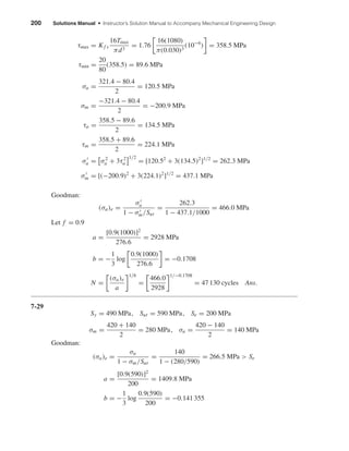 200 Solutions Manual • Instructor’s Solution Manual to Accompany Mechanical Engineering Design
τmax = Kf s
16Tmax
πd3
= 1.76
16(1080)
π(0.030)3
(10−6
) = 358.5 MPa
τmin =
20
80
(358.5) = 89.6 MPa
σa =
321.4 − 80.4
2
= 120.5 MPa
σm =
−321.4 − 80.4
2
= −200.9 MPa
τa =
358.5 − 89.6
2
= 134.5 MPa
τm =
358.5 + 89.6
2
= 224.1 MPa
σa = σ2
a + 3τ2
a
1/2
= [120.52
+ 3(134.5)2
]1/2
= 262.3 MPa
σm = [(−200.9)2
+ 3(224.1)2
]1/2
= 437.1 MPa
Goodman:
(σa)e =
σa
1 − σm/Sut
=
262.3
1 − 437.1/1000
= 466.0 MPa
Let f = 0.9
a =
[0.9(1000)]2
276.6
= 2928 MPa
b = −
1
3
log
0.9(1000)
276.6
= −0.1708
N =
(σa)e
a
1/b
=
466.0
2928
1/−0.1708
= 47 130 cycles Ans.
7-29
Sy = 490 MPa, Sut = 590 MPa, Se = 200 MPa
σm =
420 + 140
2
= 280 MPa, σa =
420 − 140
2
= 140 MPa
Goodman:
(σa)e =
σa
1 − σm/Sut
=
140
1 − (280/590)
= 266.5 MPa > Se
a =
[0.9(590)]2
200
= 1409.8 MPa
b = −
1
3
log
0.9(590)
200
= −0.141 355
shi20396_ch07.qxd 8/18/03 12:36 PM Page 200
 