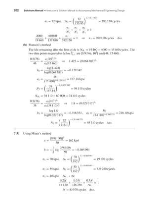 202 Solutions Manual • Instructor’s Solution Manual to Accompany Mechanical Engineering Design
σ3 = 32 kpsi, N3 =
32
155.95
1/−0.119 31
= 582 150 cycles
n1
N1
+
n2
N2
+
n3
N3
= 1
4000
19 460
+
60 000
137 880
+
n3
582 150
= 1 ⇒ n3 = 209 160 cycles Ans.
(b) Manson’s method
The life remaining after the ﬁrst cycle is NR1
= 19 460 − 4000 = 15 460 cycles. The
two data points required to deﬁne Se,1 are [0.9(76), 103
] and (48, 15 460).
0.9(76)
48
=
a2(103
)b2
a2(15 460)
⇒ 1.425 = (0.064 683)b2
b2 =
log(1.425)
log(0.064 683)
= −0.129 342
a2 =
48
(15 460)−0.129 342
= 167.14 kpsi
N2 =
38
167.14
−1/0.129 342
= 94 110 cycles
NR2
= 94 110 − 60 000 = 34 110 cycles
0.9(76)
38
=
a3(103
)b3
a3(34 110)b3
⇒ 1.8 = (0.029 317)b3
b3 =
log 1.8
log(0.029 317)
= −0.166 531, a3 =
38
(34 110)−0.166 531
= 216.10 kpsi
N3 =
32
216.1
−1/0.166 531
= 95 740 cycles Ans.
7-31 Using Miner’s method
a =
[0.9(100)]2
50
= 162 kpsi
b = −
1
3
log
0.9(100)
50
= −0.085 091
σ1 = 70 kpsi, N1 =
70
162
1/−0.085 091
= 19 170 cycles
σ2 = 55 kpsi, N2 =
55
162
1/−0.085 091
= 326 250 cycles
σ3 = 40 kpsi, N3 → ∞
0.2N
19 170
+
0.5N
326 250
+
0.3N
∞
= 1
N = 83 570 cycles Ans.
shi20396_ch07.qxd 8/18/03 12:36 PM Page 202
 