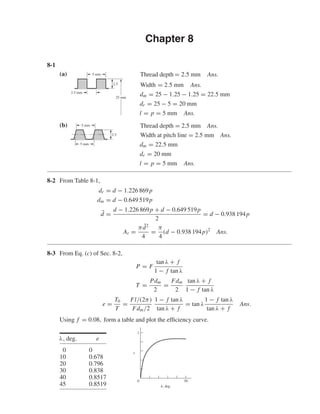 Chapter 8
8-1
(a) Thread depth = 2.5 mm Ans.
Width = 2.5 mm Ans.
dm = 25 − 1.25 − 1.25 = 22.5 mm
dr = 25 − 5 = 20 mm
l = p = 5 mm Ans.
(b) Thread depth = 2.5 mm Ans.
Width at pitch line = 2.5 mm Ans.
dm = 22.5 mm
dr = 20 mm
l = p = 5 mm Ans.
8-2 From Table 8-1,
dr = d − 1.226 869p
dm = d − 0.649 519p
¯d =
d − 1.226 869p + d − 0.649 519p
2
= d − 0.938 194p
At =
π ¯d2
4
=
π
4
(d − 0.938 194p)2
Ans.
8-3 From Eq. (c) of Sec. 8-2,
P = F
tan λ + f
1 − f tan λ
T =
Pdm
2
=
Fdm
2
tan λ + f
1 − f tan λ
e =
T0
T
=
Fl/(2π)
Fdm/2
1 − f tan λ
tan λ + f
= tan λ
1 − f tan λ
tan λ + f
Ans.
Using f = 0.08, form a table and plot the efﬁciency curve.
λ, deg. e
0 0
10 0.678
20 0.796
30 0.838
40 0.8517
45 0.8519
1
0 50
␭, deg.
e
5 mm
5 mm
2.5
2.5
2.5 mm
25 mm
5 mm
shi20396_ch08.qxd 8/18/03 12:42 PM Page 211
 