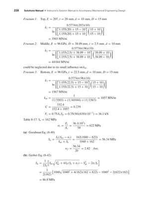 228 Solutions Manual • Instructor’s Solution Manual to Accompany Mechanical Engineering Design
Frustum 1: Top, E = 207, t = 20 mm, d = 10 mm, D = 15 mm
k1 =
0.5774π(207)(10)
ln
1.155(20) + 15 − 10
1.155(20) + 15 + 10
15 + 10
15 − 10
= 3503 MN/m
Frustum 2: Middle, E = 96 GPa, D = 38.09 mm, t = 2.5 mm, d = 10 mm
k2 =
0.5774π(96)(10)
ln
1.155(2.5) + 38.09 − 10
1.155(2.5) + 38.09 + 10
38.09 + 10
38.09 − 10
= 44 044 MN/m
could be neglected due to its small inﬂuence on km.
Frustum 3: Bottom, E = 96 GPa, t = 22.5 mm, d = 10 mm, D = 15 mm
k3 =
0.5774π(96)(10)
ln
1.155(22.5) + 15 − 10
1.155(22.5) + 15 + 10
15 + 10
15 − 10
= 1567 MN/m
km =
1
(1/3503) + (1/44 044) + (1/1567)
= 1057 MN/m
C =
332.4
332.4 + 1057
= 0.239
Fi = 0.75At Sp = 0.75(58)(830)(10−3
) = 36.1 kN
Table 8-17: Se = 162 MPa
σi =
Fi
At
=
36.1(103
)
58
= 622 MPa
(a) Goodman Eq. (8-40)
Sa =
Se(Sut − σi )
Sut + Se
=
162(1040 − 622)
1040 + 162
= 56.34 MPa
nf =
56.34
20
= 2.82 Ans.
(b) Gerber Eq. (8-42)
Sa =
1
2Se
Sut S2
ut + 4Se(Se + σi ) − S2
ut − 2σi Se
=
1
2(162)
1040 10402 + 4(162)(162 + 622) − 10402
− 2(622)(162)
= 86.8 MPa
shi20396_ch08.qxd 8/18/03 12:42 PM Page 228
 