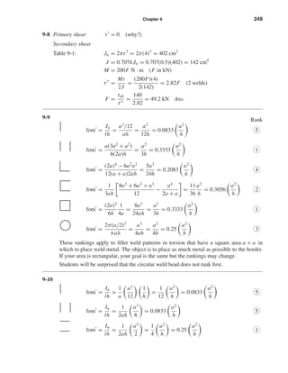 Chapter 9 249
9-8 Primary shear τ = 0 (why?)
Secondary shear
Table 9-1: Ju = 2πr3
= 2π(4)3
= 402 cm3
J = 0.707hJu = 0.707(0.5)(402) = 142 cm4
M = 200F N · m (F in kN)
τ =
Mr
2J
=
(200F)(4)
2(142)
= 2.82F (2 welds)
F =
τall
τ
=
140
2.82
= 49.2 kN Ans.
9-9 Rank
fom =
Ju
lh
=
a3
/12
ah
=
a2
12h
= 0.0833
a2
h
5
fom =
a(3a2
+ a2
)
6(2a)h
=
a2
3h
= 0.3333
a2
h
1
fom =
(2a)4
− 6a2
a2
12(a + a)2ah
=
5a2
24h
= 0.2083
a2
h
4
fom =
1
3ah
8a3
+ 6a3
+ a3
12
−
a4
2a + a
=
11
36
a2
h
= 0.3056
a2
h
2
fom =
(2a)3
6h
1
4a
=
8a3
24ah
=
a2
3h
= 0.3333
a2
h
1
fom =
2π(a/2)3
πah
=
a3
4ah
=
a2
4h
= 0.25
a2
h
3
These rankings apply to ﬁllet weld patterns in torsion that have a square area a × a in
which to place weld metal. The object is to place as much metal as possible to the border.
If your area is rectangular, your goal is the same but the rankings may change.
Students will be surprised that the circular weld bead does not rank ﬁrst.
9-10
fom =
Iu
lh
=
1
a
a3
12
1
h
=
1
12
a2
h
= 0.0833
a2
h
5
fom =
Iu
lh
=
1
2ah
a3
6
= 0.0833
a2
h
5
fom =
Iu
lh
=
1
2ah
a2
2
=
1
4
a2
h
= 0.25
a2
h
1
shi20396_ch09.qxd 8/19/03 9:30 AM Page 249
 