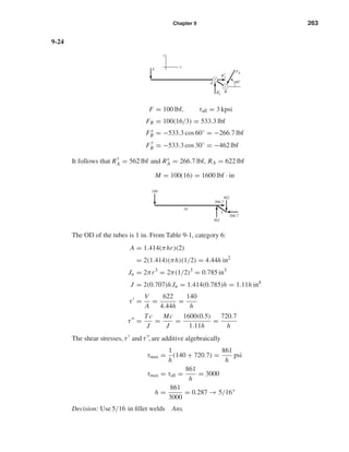 Chapter 9 263
9-24
F = 100 lbf, τall = 3 kpsi
FB = 100(16/3) = 533.3 lbf
Fx
B = −533.3 cos 60◦
= −266.7 lbf
F
y
B = −533.3 cos 30◦
= −462 lbf
It follows that R
y
A = 562 lbf and Rx
A = 266.7 lbf, RA = 622 lbf
M = 100(16) = 1600 lbf · in
The OD of the tubes is 1 in. From Table 9-1, category 6:
A = 1.414(πhr)(2)
= 2(1.414)(πh)(1/2) = 4.44h in2
Ju = 2πr3
= 2π(1/2)3
= 0.785 in3
J = 2(0.707)hJu = 1.414(0.785)h = 1.11h in4
τ =
V
A
=
622
4.44h
=
140
h
τ =
Tc
J
=
Mc
J
=
1600(0.5)
1.11h
=
720.7
h
The shear stresses, τ and τ , are additive algebraically
τmax =
1
h
(140 + 720.7) =
861
h
psi
τmax = τall =
861
h
= 3000
h =
861
3000
= 0.287 → 5/16"
Decision: Use 5/16 in ﬁllet welds Ans.
100
16
3
562
266.7
266.7
462
F
FB
B
A
R
x
A
R
y
A
60Њ
y
x
shi20396_ch09.qxd 8/19/03 9:30 AM Page 263
 