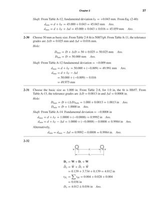 Chapter 2 27
Shaft: From Table A-12, fundamental deviation δF = +0.043 mm. From Eq. (2-40)
dmin = d + δF = 45.000 + 0.043 = 45.043 mm Ans.
dmax = d + δF + d = 45.000 + 0.043 + 0.016 = 45.059 mm Ans.
2-30 Choose 50 mm as basic size. From Table 2-8 ﬁt is 50H7/g6. From Table A-11, the tolerance
grades are D = 0.025 mm and d = 0.016 mm.
Hole:
Dmax = D + D = 50 + 0.025 = 50.025 mm Ans.
Dmin = D = 50.000 mm Ans.
Shaft: From Table A-12 fundamental deviation = −0.009 mm
dmax = d + δF = 50.000 + (−0.009) = 49.991 mm Ans.
dmin = d + δF − d
= 50.000 + (−0.009) − 0.016
= 49.975 mm
2-31 Choose the basic size as 1.000 in. From Table 2-8, for 1.0 in, the ﬁt is H8/f7. From
Table A-13, the tolerance grades are D = 0.0013 in and d = 0.0008 in.
Hole:
Dmax = D + ( D)hole = 1.000 + 0.0013 = 1.0013 in Ans.
Dmin = D = 1.0000 in Ans.
Shaft: From Table A-14: Fundamental deviation = −0.0008 in
dmax = d + δF = 1.0000 + (−0.0008) = 0.9992 in Ans.
dmin = d + δF − d = 1.0000 + (−0.0008) − 0.0008 = 0.9984 in Ans.
Alternatively,
dmin = dmax − d = 0.9992 − 0.0008 = 0.9984 in. Ans.
2-32
Do = W + Di + W
¯Do = ¯W + ¯Di + ¯W
= 0.139 + 3.734 + 0.139 = 4.012 in
tDo
= tall = 0.004 + 0.028 + 0.004
= 0.036 in
Do = 4.012 ± 0.036 in Ans.
Do
WDiW
shi20396_ch02.qxd 7/21/03 3:28 PM Page 27
 