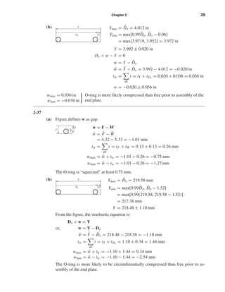 Chapter 2 29
(b)
Y = 3.992 ± 0.020 in
Do + w − Y = 0
w = Y − ¯Do
¯w = ¯Y − ¯Do = 3.992 − 4.012 = −0.020 in
tw =
all
t = tY + tDo
= 0.020 + 0.036 = 0.056 in
w = −0.020 ± 0.056 in
wmax = 0.036 in
wmin = −0.076 in
O-ring is more likely compressed than free prior to assembly of the
end plate.
2-37
(a) Figure deﬁnes w as gap.
The O-ring is “squeezed” at least 0.75 mm.
(b)
From the ﬁgure, the stochastic equation is:
Do + w = Y
or, w = Y − Do
¯w = ¯Y − ¯Do = 218.48 − 219.58 = −1.10 mm
tw =
all
t = tY + tDo
= 1.10 + 0.34 = 1.44 mm
wmax = ¯w + tw = −1.10 + 1.44 = 0.34 mm
wmin = ¯w − tw = −1.10 − 1.44 = −2.54 mm
The O-ring is more likely to be circumferentially compressed than free prior to as-
sembly of the end plate.
Ymax = ¯Do = 219.58 mm
Ymin = max[0.99 ¯Do, ¯Do − 1.52]
= max[0.99(219.58, 219.58 − 1.52)]
= 217.38 mm
Y = 218.48 ± 1.10 mm
Y
Do
w
w = F − W
¯w = ¯F − ¯W
= 4.32 − 5.33 = −1.01 mm
tw =
all
t = tF + tW = 0.13 + 0.13 = 0.26 mm
wmax = ¯w + tw = −1.01 + 0.26 = −0.75 mm
wmin = ¯w − tw = −1.01 − 0.26 = −1.27 mm
w
W
F
Ymax = ¯Do = 4.012 in
Ymin = max[0.99 ¯Do, ¯Do − 0.06]
= max[3.9719, 3.952] = 3.972 in
Y
Do
w
shi20396_ch02.qxd 8/6/03 11:07 AM Page 29
 