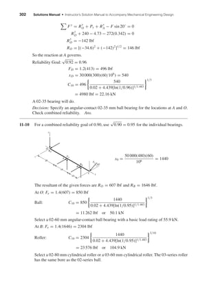 302 Solutions Manual • Instructor’s Solution Manual to Accompany Mechanical Engineering Design
Fy
= R
y
O + Py + R
y
A − F sin 20◦
= 0
R
y
O + 240 − 4.73 − 272(0.342) = 0
R
y
O = −142 lbf
RO = [(−34.6)2
+ (−142)2
]1/2
= 146 lbf
So the reaction at A governs.
Reliability Goal:
√
0.92 = 0.96
FD = 1.2(413) = 496 lbf
xD = 30 000(300)(60/106
) = 540
C10 = 496
540
0.02 + 4.439[ln(1/0.96)]1/1.483
1/3
= 4980 lbf = 22.16 kN
A 02-35 bearing will do.
Decision: Specify an angular-contact 02-35 mm ball bearing for the locations at A and O.
Check combined reliability. Ans.
11-10 For a combined reliability goal of 0.90, use
√
0.90 = 0.95 for the individual bearings.
x0 =
50 000(480)(60)
106
= 1440
The resultant of the given forces are RO = 607 lbf and RB = 1646 lbf.
At O: Fe = 1.4(607) = 850 lbf
Ball: C10 = 850
1440
0.02 + 4.439[ln(1/0.95)]1/1.483
1/3
= 11 262 lbf or 50.1 kN
Select a 02-60 mm angular-contact ball bearing with a basic load rating of 55.9 kN.
At B: Fe = 1.4(1646) = 2304 lbf
Roller: C10 = 2304
1440
0.02 + 4.439[ln(1/0.95)]1/1.483
3/10
= 23 576 lbf or 104.9 kN
Select a 02-80 mm cylindrical roller or a 03-60 mm cylindrical roller. The 03-series roller
has the same bore as the 02-series ball.
z
20
16
10
O
FA
RO
RB
B
A
C
y
x
FC
20Њ
shi20396_ch11.qxd 8/12/03 9:51 AM Page 302
 