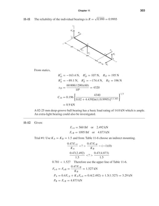 Chapter 11 303
11-11 The reliability of the individual bearings is R =
√
0.999 = 0.9995
From statics,
R
y
O = −163.4 N, Rz
O = 107 N, RO = 195 N
R
y
E = −89.1 N, Rz
E = −174.4 N, RE = 196 N
xD =
60 000(1200)(60)
106
= 4320
C10 = 0.196
4340
0.02 + 4.439[ln(1/0.9995)]1/1.483
1/3
= 8.9 kN
A 02-25 mm deep-groove ball bearing has a basic load rating of 14.0 kN which is ample.
An extra-light bearing could also be investigated.
11-12 Given:
Fr A = 560 lbf or 2.492 kN
Fr B = 1095 lbf or 4.873 kN
Trial #1: Use KA = KB = 1.5 and from Table 11-6 choose an indirect mounting.
0.47Fr A
KA
<? >
0.47Fr B
KB
− (−1)(0)
0.47(2.492)
1.5
<? >
0.47(4.873)
1.5
0.781 < 1.527 Therefore use the upper line of Table 11-6.
FaA = FaB =
0.47Fr B
KB
= 1.527 kN
PA = 0.4Fr A + KA FaA = 0.4(2.492) + 1.5(1.527) = 3.29 kN
PB = Fr B = 4.873 kN
150
300
400
A
O
Fz
A
F
y
A
E
Rz
E
R
y
E
FC
C
Rz
O
R
y
O
z
x
y
shi20396_ch11.qxd 8/12/03 9:51 AM Page 303
 