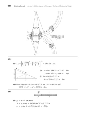 334 Solutions Manual • Instructor’s Solution Manual to Accompany Mechanical Engineering Design
13-5
(a) AO =
2.333
2
2
+
5.333
2
2 1/2
= 2.910 in Ans.
(b) γ = tan−1
(14/32) = 23.63° Ans.
= tan−1
(32/14) = 66.37° Ans.
(c) dP = 14/6 = 2.333 in,
dG = 32/6 = 5.333 in Ans.
(d) From Table 13-3, 0.3AO = 0.873 in and 10/P = 10/6 = 1.67
0.873 < 1.67 ∴ F = 0.873 in Ans.
13-6
(a) pn = π/5 = 0.6283 in
pt = pn/cos ψ = 0.6283/cos 30° = 0.7255 in
px = pt/tan ψ = 0.7255/tan 30° = 1.25 in
30Њ
P G
2
1
3
"
5
1
3
"
AO
⌫
␥
10.5Њ
Arc of approach ϭ 0.87 in Ans.
Arc of recess ϭ 0.77 in Ans.
Arc of action ϭ 1.64 in Ans.
Lab ϭ 1.53 in
10Њ
O2
O1
14Њ 12.6Њ
P
BA
shi20396_ch13.qxd 8/29/03 12:16 PM Page 334
 