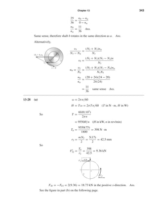 Chapter 13 343
25
36
=
nb − na
0 − na
nb
na
=
11
36
Ans.
Same sense, therefore shaft b rotates in the same direction as a. Ans.
Alternatively,
v5
N3 − N4
=
(N2 + N3)na
N3
v5 =
(N2 + N3)(N3 − N4)n
N3
nb =
v5
N5
=
(N2 + N3)(N3 − N4)na
N3 N5
nb
na
=
(20 + 24)(24 − 20)
24(24)
=
11
36
same sense Ans.
13-28 (a) ω = 2πn/60
H = Tω = 2πTn/60 (T in N · m, H in W)
So T =
60H(103
)
2πn
= 9550H/n (H in kW, n in rev/min)
Ta =
9550(75)
1800
= 398 N · m
r2 =
mN2
2
=
5(17)
2
= 42.5 mm
So
Ft
32 =
Ta
r2
=
398
42.5
= 9.36 kN
F3b = −Fb3 = 2(9.36) = 18.73 kN in the positive x-direction. Ans.
See the ﬁgure in part (b) on the following page.
9.36
2
a
Ta2
398 N•m
Ft
32
3
4
v5
v ϭ 0
(N2 ϩ N3)na
shi20396_ch13.qxd 8/29/03 12:16 PM Page 343
 