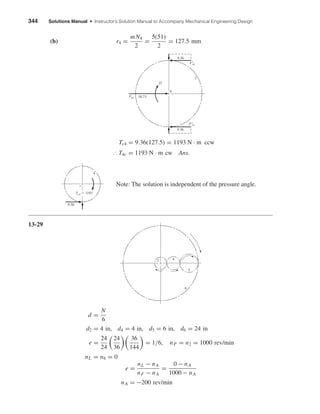 344 Solutions Manual • Instructor’s Solution Manual to Accompany Mechanical Engineering Design
(b) r4 =
mN4
2
=
5(51)
2
= 127.5 mm
Tc4 = 9.36(127.5) = 1193 N · m ccw
∴ T4c = 1193 N · m cw Ans.
Note: The solution is independent of the pressure angle.
13-29
d =
N
6
d2 = 4 in, d4 = 4 in, d5 = 6 in, d6 = 24 in
e =
24
24
24
36
36
144
= 1/6, nP = n2 = 1000 rev/min
nL = n6 = 0
e =
nL − nA
nF − nA
=
0 − nA
1000 − nA
nA = −200 rev/min
2 4
5
6
9.36
4
c
Tc4 ϭ 1193
b
9.36
O
3
Ft
43
9.36
18.73
Ft
23
Fb3
shi20396_ch13.qxd 8/29/03 12:16 PM Page 344
 