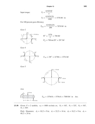 Chapter 13 345
Input torque: T2 =
63 025H
n
T2 =
63 025(25)
1000
= 1576 lbf · in
For 100 percent gear efﬁciency
Tarm =
63 025(25)
200
= 7878 lbf · in
Gear 2
Wt
=
1576
2
= 788 lbf
Fr
32 = 788 tan 20° = 287 lbf
Gear 4
FA4 = 2Wt
= 2(788) = 1576 lbf
Gear 5
Arm
Tout = 1576(9) − 1576(4) = 7880 lbf · in Ans.
13-30 Given: P = 2 teeth/in, nP = 1800 rev/min cw, N2 = 18T, N3 = 32T, N4 = 18T,
N5 = 48T.
Pitch Diameters: d2 = 18/2 = 9 in; d3 = 32/2 = 16 in; d4 = 18/2 = 9 in; d5 =
48/2 = 24 in.
4" 5"
1576 lbf
1576 lbf
Tout
ϩϩϩ
5 Wt
ϭ 788 lbf
Fr
ϭ 287 lbf
2Wt
ϭ 1576 lbf
Wt
Fr
4
n4
FA4
Wt
Wt
Fr
Fr
2
T2 ϭ 1576 lbf•inn2
Ft
a2
Wt
Fr
a2 Fr
42
shi20396_ch13.qxd 8/29/03 12:16 PM Page 345
 