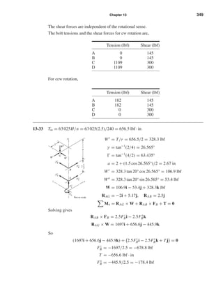 Chapter 13 349
The shear forces are independent of the rotational sense.
The bolt tensions and the shear forces for cw rotation are,
Tension (lbf) Shear (lbf)
A 0 145
B 0 145
C 1109 300
D 1109 300
For ccw rotation,
Tension (lbf) Shear (lbf)
A 182 145
B 182 145
C 0 300
D 0 300
13-33 Tin = 63 025H/n = 63 025(2.5)/240 = 656.5 lbf · in
Wt
= T/r = 656.5/2 = 328.3 lbf
γ = tan−1
(2/4) = 26.565°
= tan−1
(4/2) = 63.435°
a = 2 + (1.5 cos 26.565°)/2 = 2.67 in
Wr
= 328.3 tan 20° cos 26.565° = 106.9 lbf
Wa
= 328.3 tan 20° sin 26.565° = 53.4 lbf
W = 106.9i − 53.4j + 328.3k lbf
RAG = −2i + 5.17j, RAB = 2.5j
M4 = RAG × W + RAB × FB + T = 0
Solving gives
RAB × FB = 2.5Fz
Bi − 2.5Fx
Bk
RAG × W = 1697i + 656.6j − 445.9k
So
(1697i + 656.6j − 445.9k) + 2.5Fz
Bi − 2.5Fx
Bk + Tj = 0
Fz
B = −1697/2.5 = −678.8 lbf
T = −656.6 lbf · in
Fx
B = −445.9/2.5 = −178.4 lbf
y
2
2
1
2
B
A
G
WtWr
Wa
Tin
Not to scale
xz
a
F
y
A
Fz
A
Fz
B
Fx
A
Fx
B
shi20396_ch13.qxd 8/29/03 12:16 PM Page 349
 