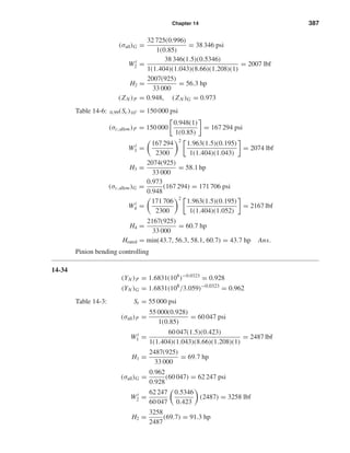 Chapter 14 387
(σall)G =
32 725(0.996)
1(0.85)
= 38 346 psi
Wt
2 =
38 346(1.5)(0.5346)
1(1.404)(1.043)(8.66)(1.208)(1)
= 2007 lbf
H2 =
2007(925)
33 000
= 56.3 hp
(ZN )P = 0.948, (ZN )G = 0.973
Table 14-6: 0.99(Sc)107 = 150 000 psi
(σc,allow)P = 150 000
0.948(1)
1(0.85)
= 167 294 psi
Wt
3 =
167 294
2300
2
1.963(1.5)(0.195)
1(1.404)(1.043)
= 2074 lbf
H3 =
2074(925)
33 000
= 58.1 hp
(σc,allow)G =
0.973
0.948
(167 294) = 171 706 psi
Wt
4 =
171 706
2300
2
1.963(1.5)(0.195)
1(1.404)(1.052)
= 2167 lbf
H4 =
2167(925)
33 000
= 60.7 hp
Hrated = min(43.7, 56.3, 58.1, 60.7) = 43.7 hp Ans.
Pinion bending controlling
14-34
(YN )P = 1.6831(108
)−0.0323
= 0.928
(YN )G = 1.6831(108
/3.059)−0.0323
= 0.962
Table 14-3: St = 55 000 psi
(σall)P =
55 000(0.928)
1(0.85)
= 60 047 psi
Wt
1 =
60 047(1.5)(0.423)
1(1.404)(1.043)(8.66)(1.208)(1)
= 2487 lbf
H1 =
2487(925)
33 000
= 69.7 hp
(σall)G =
0.962
0.928
(60 047) = 62 247 psi
Wt
2 =
62 247
60 047
0.5346
0.423
(2487) = 3258 lbf
H2 =
3258
2487
(69.7) = 91.3 hp
shi20396_ch14.qxd 8/20/03 12:43 PM Page 387
 