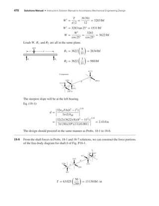 470 Solutions Manual • Instructor’s Solution Manual to Accompany Mechanical Engineering Design
Wt
=
T
d/2
=
39 391
12
= 3283 lbf
Wr
= 3283 tan 25° = 1531 lbf
W =
Wt
cos 25°
=
3283
cos 25°
= 3622 lbf
Loads W, R1 and R2 are all in the same plane.
R1 = 3622
8
11
= 2634 lbf
R2 = 3622
3
11
= 988 lbf
The steepest slope will be at the left bearing.
Eq. (18-1):
d =
32nd Fb(b2 − l2)
3π Elθall
1/4
=
32(2)(3622)(8)(82 − 112)
3π(30)(106)(11)(0.001)
1/4
= 2.414 in
The design should proceed in the same manner as Probs. 18-1 to 18-6.
18-8 From the shaft forces in Probs. 18-1 and 18-7 solutions, we can construct the force portions
of the free-body diagram for shaft b of Fig. P18-1.
T = 63 025
50
240
= 13 130 lbf · in
3"
6"
2"
875
2276
1531
612
395 657
1313
z
y
x
3283
3"
8"
2387.6
417.5
895.43283
Components
1113.5
1531
8"
3622
R1 R2
3"
shi20396_ch18.qxd 8/28/03 4:16 PM Page 470
 