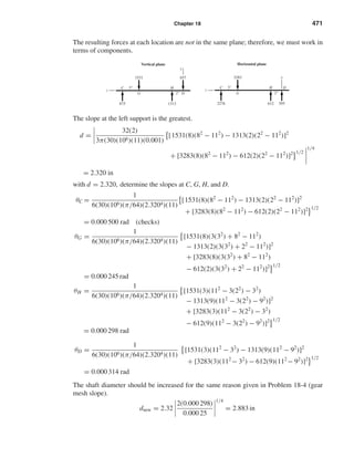 Chapter 18 471
The resulting forces at each location are not in the same plane; therefore, we must work in
terms of components.
The slope at the left support is the greatest.
d =
32(2)
3π(30)(106)(11)(0.001)
[1531(8)(82
− 112
) − 1313(2)(22
− 112
)]2
+ [3283(8)(82
− 112
) − 612(2)(22
− 112
)]2 1/2
1/4
= 2.320 in
with d = 2.320, determine the slopes at C, G, H, and D.
θC =
1
6(30)(106)(π/64)(2.3204)(11)
[1531(8)(82
− 112
) − 1313(2)(22
− 112
)]2
+ [3283(8)(82
− 112
) − 612(2)(22
− 112
)]2 1/2
= 0.000 500 rad (checks)
θG =
1
6(30)(106)(π/64)(2.3204)(11)
[1531(8)(3(32
) + 82
− 112
)
− 1313(2)(3(32
) + 22
− 112
)]2
+ [3283(8)(3(32
) + 82
− 112
)
− 612(2)(3(32
) + 22
− 112
)]2 1/2
= 0.000 245 rad
θH =
1
6(30)(106)(π/64)(2.3204)(11)
[1531(3)(112
− 3(22
) − 32
)
− 1313(9)(112
− 3(22
) − 92
)]2
+ [3283(3)(112
− 3(22
) − 32
)
− 612(9)(112
− 3(22
) − 92
)]2 1/2
= 0.000 298 rad
θD =
1
6(30)(106)(π/64)(2.3204)(11)
[1531(3)(112
− 32
) − 1313(9)(112
− 92
)]2
+ [3283(3)(112
− 32
) − 612(9)(112
− 92
)]2 1/2
= 0.000 314 rad
The shaft diameter should be increased for the same reason given in Problem 18-4 (gear
mesh slope).
dnew = 2.32
2(0.000 298)
0.000 25
1/4
= 2.883 in
3"
2276 612 395
3283
Horizontal plane
x
2"
C
G
DH
z
3"
875 1313
1531 657
2"
z
C
G D
H
Vertical plane
y
shi20396_ch18.qxd 8/28/03 4:16 PM Page 471
 