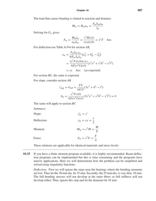 Chapter 18 487
The load that causes bending is related to reaction and distance.
Mm = Rmam =
Fmbmam
lm
Solving for Fm gives
Fm =
Mmlm
ambm
=
s3
M(sl)
(sa)(sb)
= s2
F Ans.
For deﬂection use Table A-9-6 for section AB,
ym =
Fmbmxm
6Em Imlm
x2
m + b2
m − l2
m
=
(s2
F)(sb)(sx)
6E(s4 I)(sl)
(s2
x2
+ s2
b2
− s2
l2
)
= sy Ans. (as expected)
For section BC, the same is expected.
For slope, consider section AB
yAB = θAB =
Fb
6E Il
(3x2
+ b2
− l2
)
θm =
s2
F(sb)
6E(s4 I)(sl)
(3s2
x2
+ s2
b2
− s2
l2
) = θ
The same will apply to section BC
Summary:
Slope: ym = y
Deﬂection: ym = sy =
y
2
Moment: Mm = s3
M =
M
8
Force: Fm = s2
F =
F
4
These relations are applicable for identical materials and stress levels.
18-25 If you have a ﬁnite element program available, it is highly recommended. Beam deﬂec-
tion programs can be implemented but this is time consuming and the programs have
narrow applications. Here we will demonstrate how the problem can be simpliﬁed and
solved using singularity functions.
Deﬂection: First we will ignore the steps near the bearings where the bending moments
are low. Thus let the 30 mm dia. be 35 mm. Secondly, the 55 mm dia. is very thin, 10 mm.
The full bending stresses will not develop at the outer ﬁbers so full stiffness will not
develop either. Thus, ignore this step and let the diameter be 45 mm.
shi20396_ch18.qxd 8/28/03 4:17 PM Page 487
 