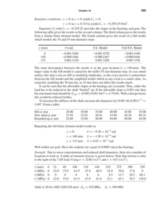 Chapter 18 489
Boundary conditions: y = 0 at x = 0 yields C2 = 0;
y = 0 at x = 0.315m yields C1 = −0.295 25 N/m2
.
Equation (1) with C1 = −0.295 25 provides the slopes at the bearings and gear. The
following table gives the results in the second column. The third column gives the results
from a similar ﬁnite element model. The fourth column gives the result of a full model
which models the 35 and 55 mm diameter steps.
x (mm) θ (rad) F.E. Model Full F.E. Model
0 −0.0014260 −0.0014270 −0.0014160
140 −0.0001466 −0.0001467 −0.0001646
315 0.0013120 0.0013280 0.0013150
The main discrepancy between the results is at the gear location (x = 140 mm). The
larger value in the full model is caused by the stiffer 55 mm diameter step. As was stated
earlier, this step is not as stiff as modeling implicates, so the exact answer is somewhere
between the full model and the simpliﬁed model which in any event is a small value. As
expected, modeling the 30 mm dia. as 35 mm does not affect the results much.
It can be seen that the allowable slopes at the bearings are exceeded. Thus, either the
load has to be reduced or the shaft “beefed” up. If the allowable slope is 0.001 rad, then
the maximum load should be Fmax = (0.001/0.001 46)7 = 4.79 kN. With a design factor
this would be reduced further.
To increase the stiffness of the shaft, increase the diameters by (0.001 46/0.001)1/4
=
1.097. Form a table:
Old d, mm 20.00 30.00 35.00 40.00 45.00 55.00
New ideal d, mm 21.95 32.92 38.41 43.89 49.38 60.35
Rounded up d, mm 22.00 34.00 40.00 44.00 50.00 62.00
Repeating the full ﬁnite element model results in
x = 0: θ = −9.30 × 10−4
rad
x = 140 mm: θ = −1.09 × 10−4
rad
x = 315 mm: θ = 8.65 × 10−4
rad
Well within our goal. Have the students try a goal of 0.0005 rad at the bearings.
Strength: Due to stress concentrations and reduced shaft diameters, there are a number of
locations to look at. A table of nominal stresses is given below. Note that torsion is only
to the right of the 7 kN load. Using σ = 32M/(πd3
) and τ = 16T/(πd3
),
x (mm) 0 15 40 100 110 140 210 275 300 330
σ (MPa) 0 22.0 37.0 61.9 47.8 60.9 52.0 39.6 17.6 0
τ (MPa) 0 0 0 0 0 6 8.5 12.7 20.2 68.1
σ (MPa) 0 22.0 37.0 61.9 47.8 61.8 53.1 45.3 39.2 118.0
Table A-20 for AISI 1020 CD steel: Sut = 470 MPa, Sy = 390 MPa
shi20396_ch18.qxd 8/28/03 4:17 PM Page 489
 