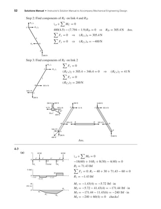 52 Solutions Manual • Instructor’s Solution Manual to Accompany Mechanical Engineering Design
Step 2: Find components of RC on link 4 and RD
ۗ+ MC = 0
400(4.5) − (7.794 − 1.9)RD = 0 ⇒ RD = 305.4 N Ans.
Fx = 0 ⇒ (RCx)4 = 305.4 N
Fy = 0 ⇒ (RCy)4 = −400 N
Step 3: Find components of RC on link 2
Fx = 0
(RCx)2 + 305.4 − 346.4 = 0 ⇒ (RCx)2 = 41 N
Fy = 0
(RCy)2 = 200 N
4-3
(a)
ۗ+ M0 = 0
−18(60) + 14R2 + 8(30) − 4(40) = 0
R2 = 71.43 lbf
Fy = 0: R1 − 40 + 30 + 71.43 − 60 = 0
R1 = −1.43 lbf
M1 = −1.43(4) = −5.72 lbf · in
M2 = −5.72 − 41.43(4) = −171.44 lbf · in
M3 = −171.44 − 11.43(6) = −240 lbf · in
M4 = −240 + 60(4) = 0 checks!
4" 4" 6" 4"
Ϫ1.43
Ϫ41.43
Ϫ11.43
60
40 lbf 60 lbf
30 lbf
x
x
x
O
A B C D
y
R1 R2
M1
M2 M3
M4
O
V (lbf)
M
(lbf• in)
O
CC
DB
A
B D
E
305.4 N
346.4 N
305.4 N
41 N
400 N
200 N
400 N
200 N
400 N
Pin C
30°
305.4 N
400 N
400 N200 N
41 N
305.4 N
200 N
346.4 N
305.4 N
(RCx)2
(RCy)2
C
B
A
2
400 N
4
RD
(RCx)4
(RCy)4
D
C
E
Ans.
shi20396_ch04.qxd 8/18/03 10:35 AM Page 52
 