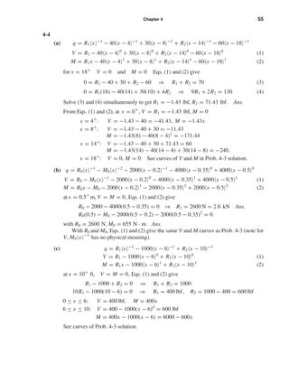 Chapter 4 55
4-4
(a) q = R1 x −1
− 40 x − 4 −1
+ 30 x − 8 −1
+ R2 x − 14 −1
− 60 x − 18 −1
V = R1 − 40 x − 4 0
+ 30 x − 8 0
+ R2 x − 14 0
− 60 x − 18 0
(1)
M = R1x − 40 x − 4 1
+ 30 x − 8 1
+ R2 x − 14 1
− 60 x − 18 1
(2)
for x = 18+
V = 0 and M = 0 Eqs. (1) and (2) give
0 = R1 − 40 + 30 + R2 − 60 ⇒ R1 + R2 = 70 (3)
0 = R1(18) − 40(14) + 30(10) + 4R2 ⇒ 9R1 + 2R2 = 130 (4)
Solve (3) and (4) simultaneously to get R1 = −1.43 lbf, R2 = 71.43 lbf. Ans.
From Eqs. (1) and (2), at x = 0+
, V = R1 = −1.43 lbf, M = 0
x = 4+
: V = −1.43 − 40 = −41.43, M = −1.43x
x = 8+
: V = −1.43 − 40 + 30 = −11.43
M = −1.43(8) − 40(8 − 4)1
= −171.44
x = 14+
: V = −1.43 − 40 + 30 + 71.43 = 60
M = −1.43(14) − 40(14 − 4) + 30(14 − 8) = −240.
x = 18+
: V = 0, M = 0 See curves of V and M in Prob. 4-3 solution.
(b) q = R0 x −1
− M0 x −2
− 2000 x − 0.2 −1
− 4000 x − 0.35 0
+ 4000 x − 0.5 0
V = R0 − M0 x −1
− 2000 x − 0.2 0
− 4000 x − 0.35 1
+ 4000 x − 0.5 1
(1)
M = R0x − M0 − 2000 x − 0.2 1
− 2000 x − 0.35 2
+ 2000 x − 0.5 2
(2)
at x = 0.5+
m, V = M = 0, Eqs. (1) and (2) give
R0 − 2000 − 4000(0.5 − 0.35) = 0 ⇒ R1 = 2600 N = 2.6 kN Ans.
R0(0.5) − M0 − 2000(0.5 − 0.2) − 2000(0.5 − 0.35)2
= 0
with R0 = 2600 N, M0 = 655 N · m Ans.
With R0 and M0, Eqs. (1) and (2) give the same V and M curves as Prob. 4-3 (note for
V, M0 x −1
has no physical meaning).
(c) q = R1 x −1
− 1000 x − 6 −1
+ R2 x − 10 −1
V = R1 − 1000 x − 6 0
+ R2 x − 10 0
(1)
M = R1x − 1000 x − 6 1
+ R2 x − 10 1
(2)
at x = 10+
ft, V = M = 0, Eqs. (1) and (2) give
R1 − 1000 + R2 = 0 ⇒ R1 + R2 = 1000
10R1 − 1000(10 − 6) = 0 ⇒ R1 = 400 lbf, R2 = 1000 − 400 = 600 lbf
0 ≤ x ≤ 6: V = 400 lbf, M = 400x
6 ≤ x ≤ 10: V = 400 − 1000(x − 6)0
= 600 lbf
M = 400x − 1000(x − 6) = 6000 − 600x
See curves of Prob. 4-3 solution.
shi20396_ch04.qxd 8/18/03 10:35 AM Page 55
 