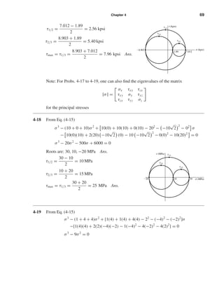 Chapter 4 69
τ1/2 =
7.012 − 1.89
2
= 2.56 kpsi
τ2/3 =
8.903 + 1.89
2
= 5.40 kpsi
τmax = τ1/3 =
8.903 + 7.012
2
= 7.96 kpsi Ans.
Note: For Probs. 4-17 to 4-19, one can also ﬁnd the eigenvalues of the matrix
[σ] =
σx τxy τzx
τxy σy τyz
τzx τyz σz
for the principal stresses
4-18 From Eq. (4-15)
σ3
− (10 + 0 + 10)σ2
+ 10(0) + 10(10) + 0(10) − 202
− −10
√
2
2
− 02
σ
− 10(0)(10) + 2(20) −10
√
2 (0) − 10 −10
√
2
2
− 0(0)2
− 10(20)2
= 0
σ3
− 20σ2
− 500σ + 6000 = 0
Roots are: 30, 10, −20 MPa Ans.
τ1/2 =
30 − 10
2
= 10 MPa
τ2/3 =
10 + 20
2
= 15 MPa
τmax = τ1/3 =
30 + 20
2
= 25 MPa Ans.
4-19 From Eq. (4-15)
σ3
− (1 + 4 + 4)σ2
+ [1(4) + 1(4) + 4(4) − 22
− (−4)2
− (−2)2
]σ
−[1(4)(4) + 2(2)(−4)(−2) − 1(−4)2
− 4(−2)2
− 4(2)2
] = 0
σ3
− 9σ2
= 0
3010Ϫ20
␶2/3
␶1/2
␶1/3
␴ (MPa)
␶ (MPa)
7.0121.89
Ϫ8.903
␶2/3
␶1/2
␶1/3
␶ (kpsi)
␴ (kpsi)
shi20396_ch04.qxd 8/18/03 10:36 AM Page 69
 